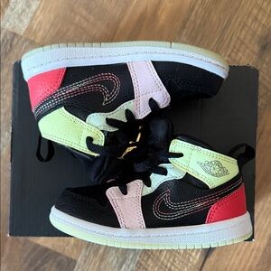 Jordan 1 Mid Kids Black, Pink, and Green Sneakers
